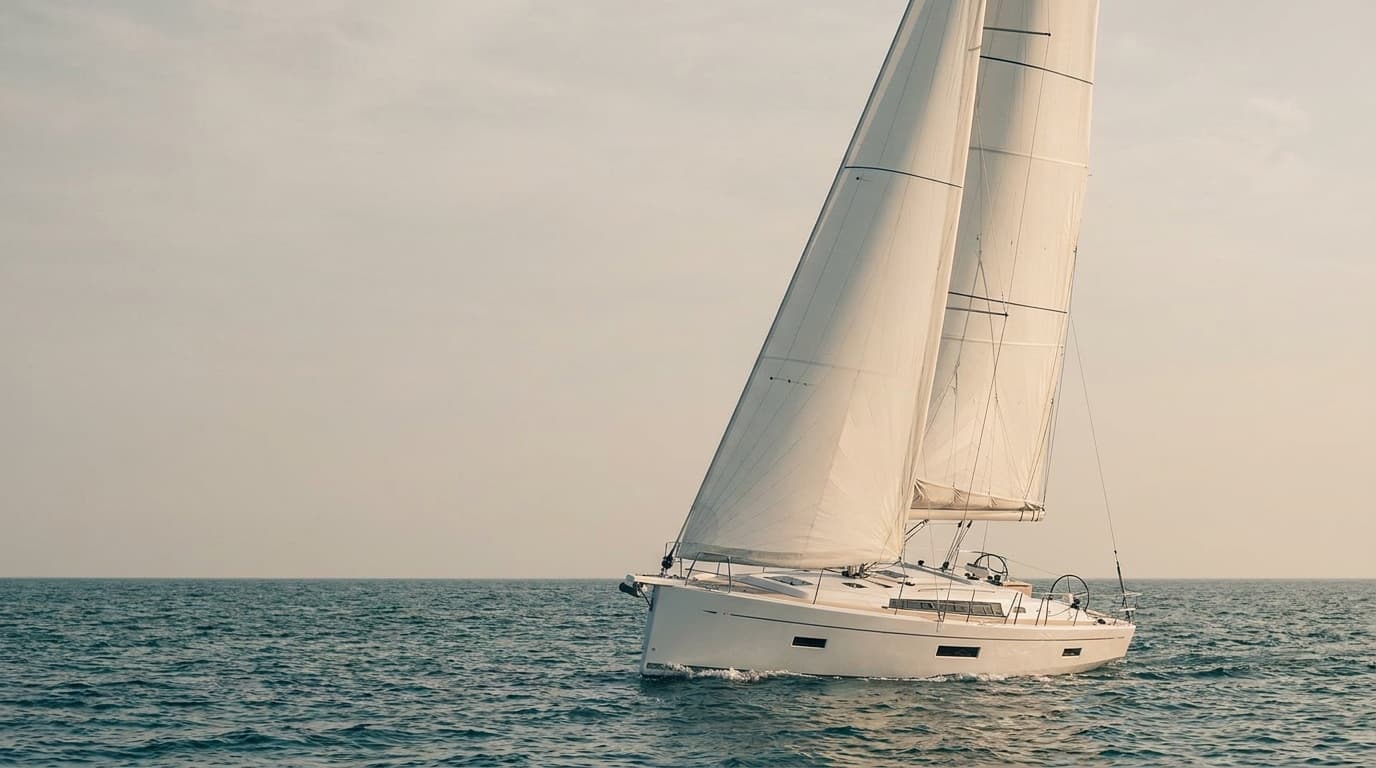 A modern white production cruising sailboat of about 40 feet sailing in open water on a beam reach, heeled slightly, with a large white mainsail and furling genoa, a wide flat deck, broad stern, fin keel and contemporary European styling with long hull windows.