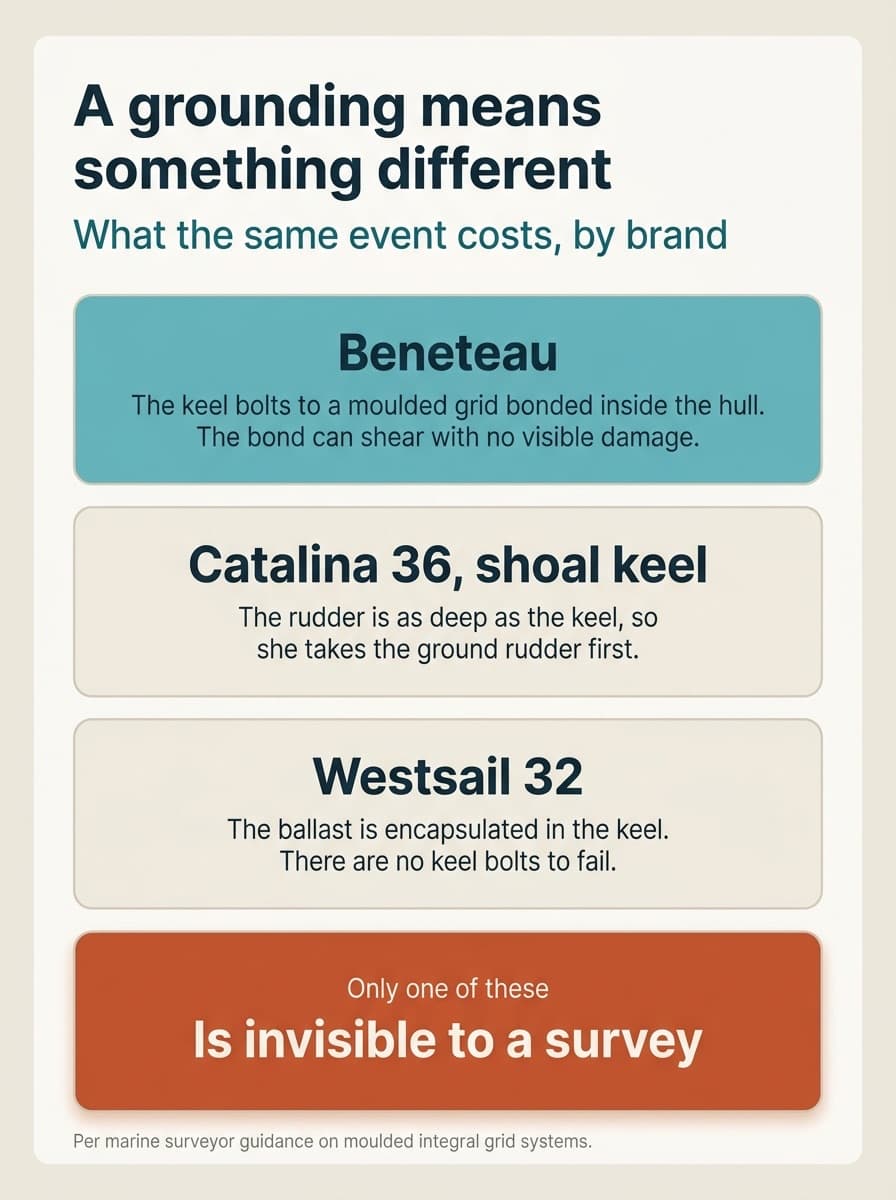 A grounding means something different, and what the same event costs by brand: on a Beneteau the keel bolts to a moulded grid bonded inside the hull and the bond can shear with no visible damage; on a Catalina 36 with the shoal keel the rudder is as deep as the keel, so she takes the ground rudder first; on a Westsail 32 the ballast is encapsulated in the keel and there are no keel bolts to fail. Only one of these is invisible to a survey.