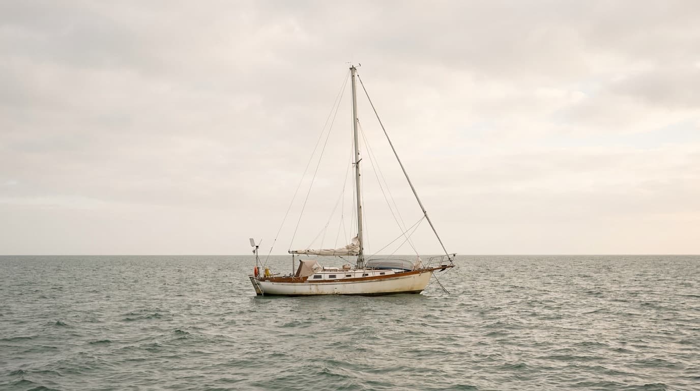 A heavy displacement cruising sailboat of about 35 feet, a 1970s full-keel double-ender with a bowsprit, canoe stern and cutter rig, lying at anchor alone in an open bay with sails furled, wind vane self-steering on the transom and a moderate swell running under an empty horizon.