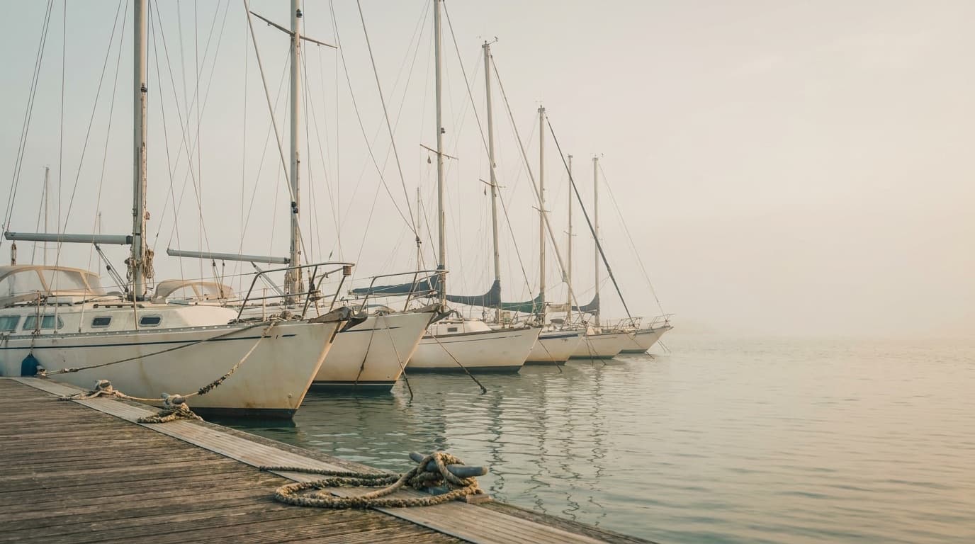 A row of used cruising sailboats moored bow-to along a wooden dock on a still, hazy morning, mooring lines coiled on the planks, the kind of shortlist a buyer walks before deciding which boat deserves a survey.