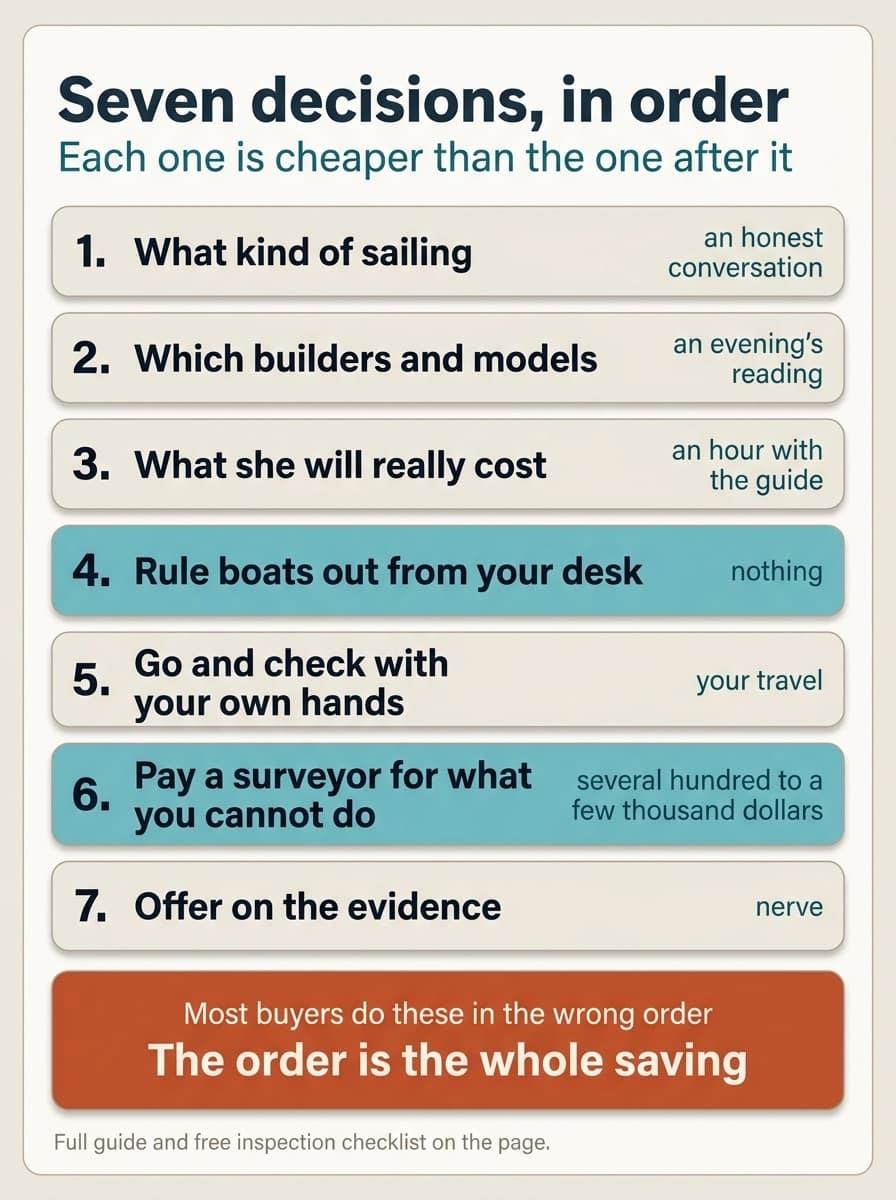 Seven decisions in order, each cheaper than the one after it: what kind of sailing (an honest conversation), which builders and models (an evening's reading), what she will really cost (an hour with the guide), rule boats out from your desk (nothing), go and check with your own hands (your travel), pay a surveyor for what you cannot do (several hundred to a few thousand dollars), offer on the evidence (nerve). Most buyers do these in the wrong order, and the order is the whole saving.