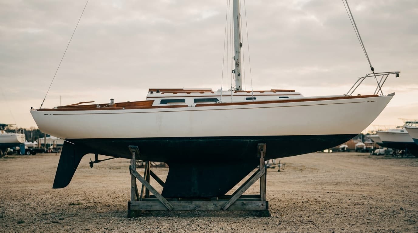A notably narrow white fibreglass sailboat of about 28 feet standing in a cradle on boatyard gravel with the mast stepped, showing a long straight sheer, narrow beam, a full keel running most of the hull length with the rudder attached to its trailing edge, and varnished teak coamings and handrails.