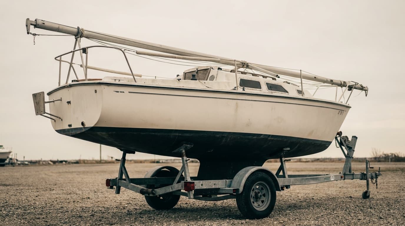 A small white fibreglass trailerable sailboat of about 22 feet on a galvanised road trailer in a quiet boatyard, mast lowered and lashed along the deck, shot from low and aft so the shallow underbody, the retracted keel and the trailer bunks and wheels are all visible.