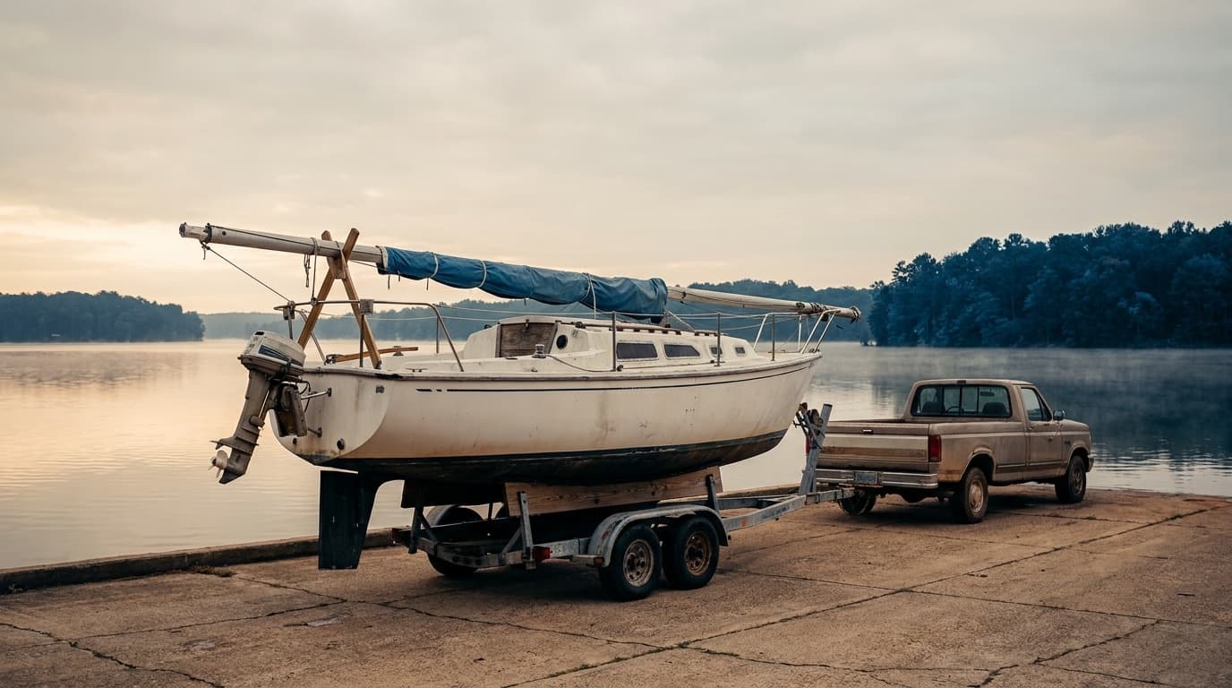 A white Catalina 25 sailboat on a tandem-axle road trailer at a concrete launch ramp beside a still lake at dawn, mast lowered onto an A-frame crutch with the boom in a blue cover, an outboard on the transom bracket, hitched to a half-ton pickup truck.