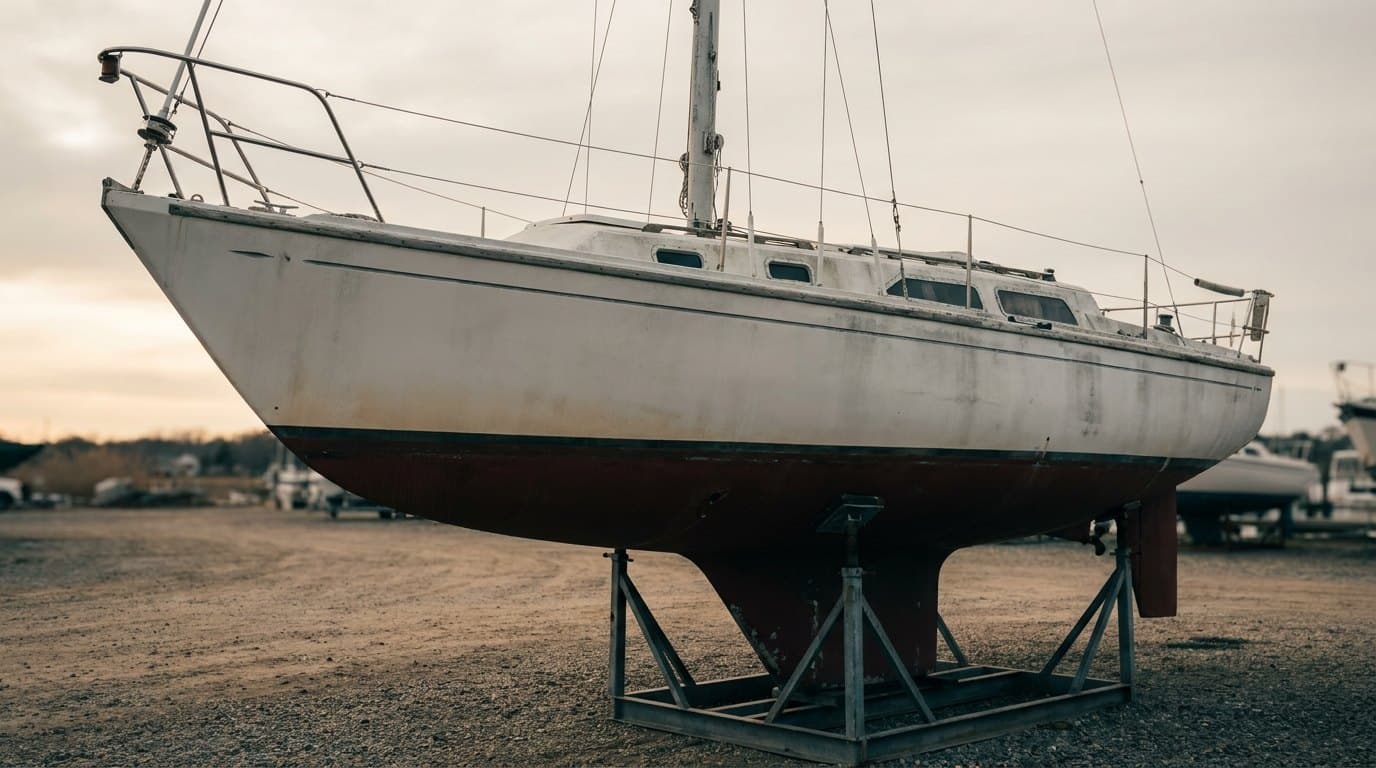 A white fibreglass masthead sloop of about 30 feet with a wide beam and a moderate fin keel, standing on a steel cradle on boatyard gravel with the mast stepped, shot from low and forward of the bow so the keel-to-hull joint and the underbody are clearly visible.