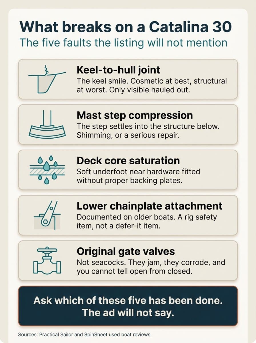 What breaks on a Catalina 30, the five faults the listing will not mention: the keel-to-hull joint, or keel smile, cosmetic at best and structural at worst and only visible hauled out; mast step compression, where the step settles into the structure below; deck core saturation, soft underfoot near hardware fitted without proper backing plates; lower chainplate attachment, documented on older boats and a rig safety item; and original gate valves, which are not seacocks, jam, corrode and cannot be told open from closed. Ask which of these five has been done, because the ad will not say. Sources: Practical Sailor and SpinSheet used boat reviews.