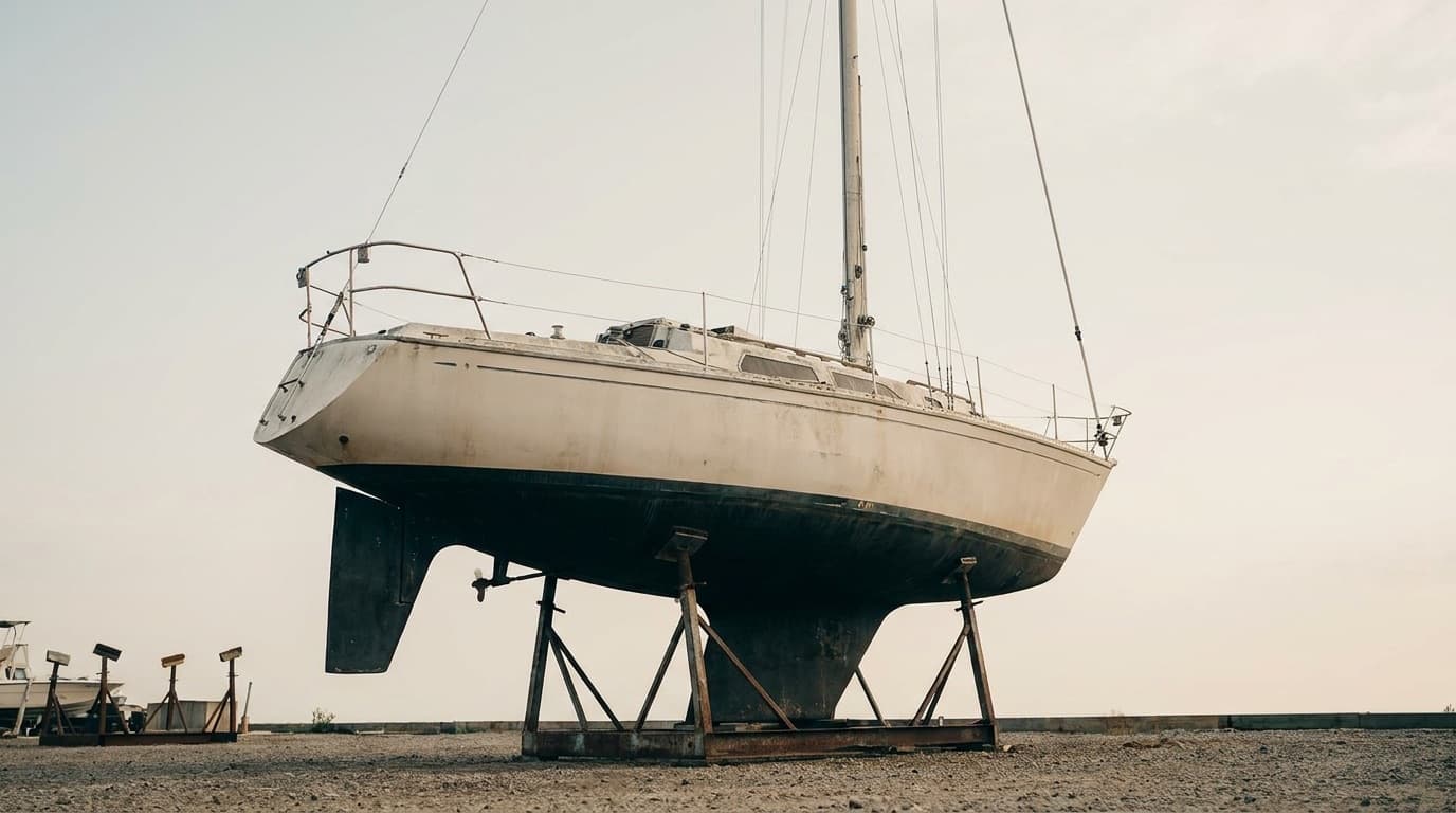A white fibreglass masthead sloop of about 36 feet with a deep fin keel and a separate spade rudder, standing high in a steel cradle on boatyard gravel, shot from low and aft so the bottom of the keel, the gap between keel and rudder and the trailing edge of the spade rudder all read clearly.