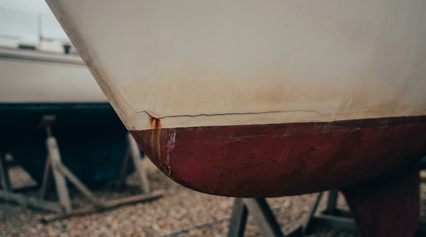 A crack along the joint between a sailboat's hull and its bolt-on keel, the Catalina smile