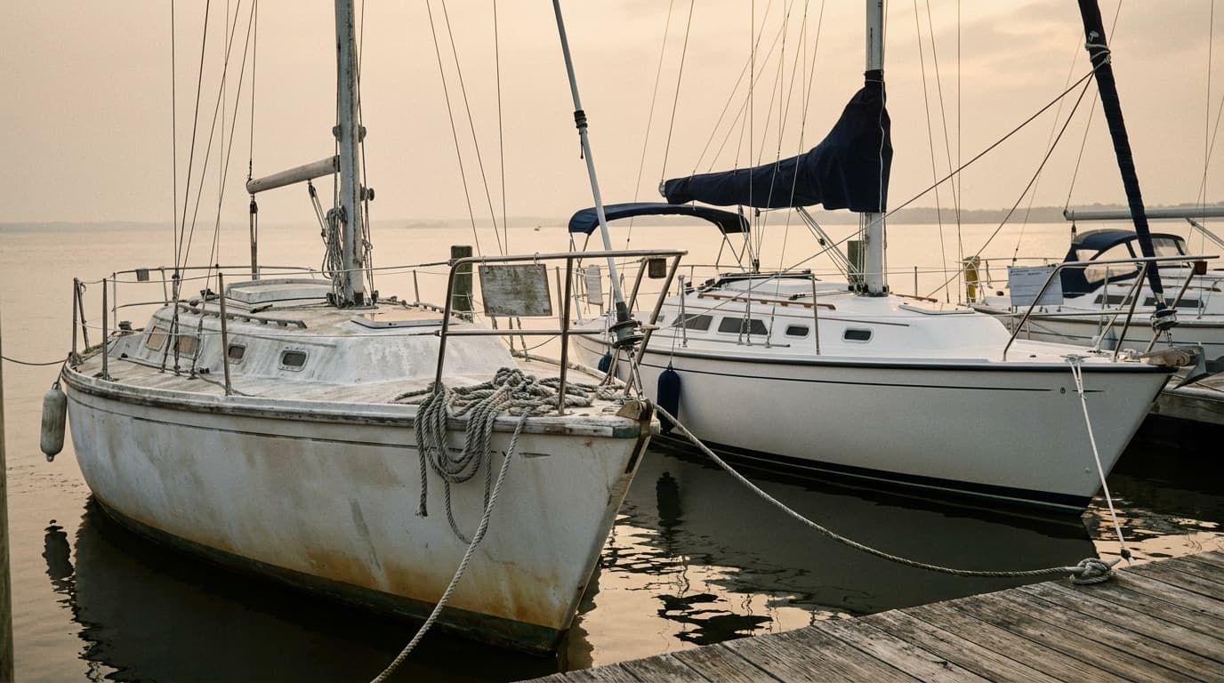 A used cruising sailboat on the hard in a brokerage yard with a for-sale sign on her lifelines, the buyer's view of a boat whose asking price is only the first number.