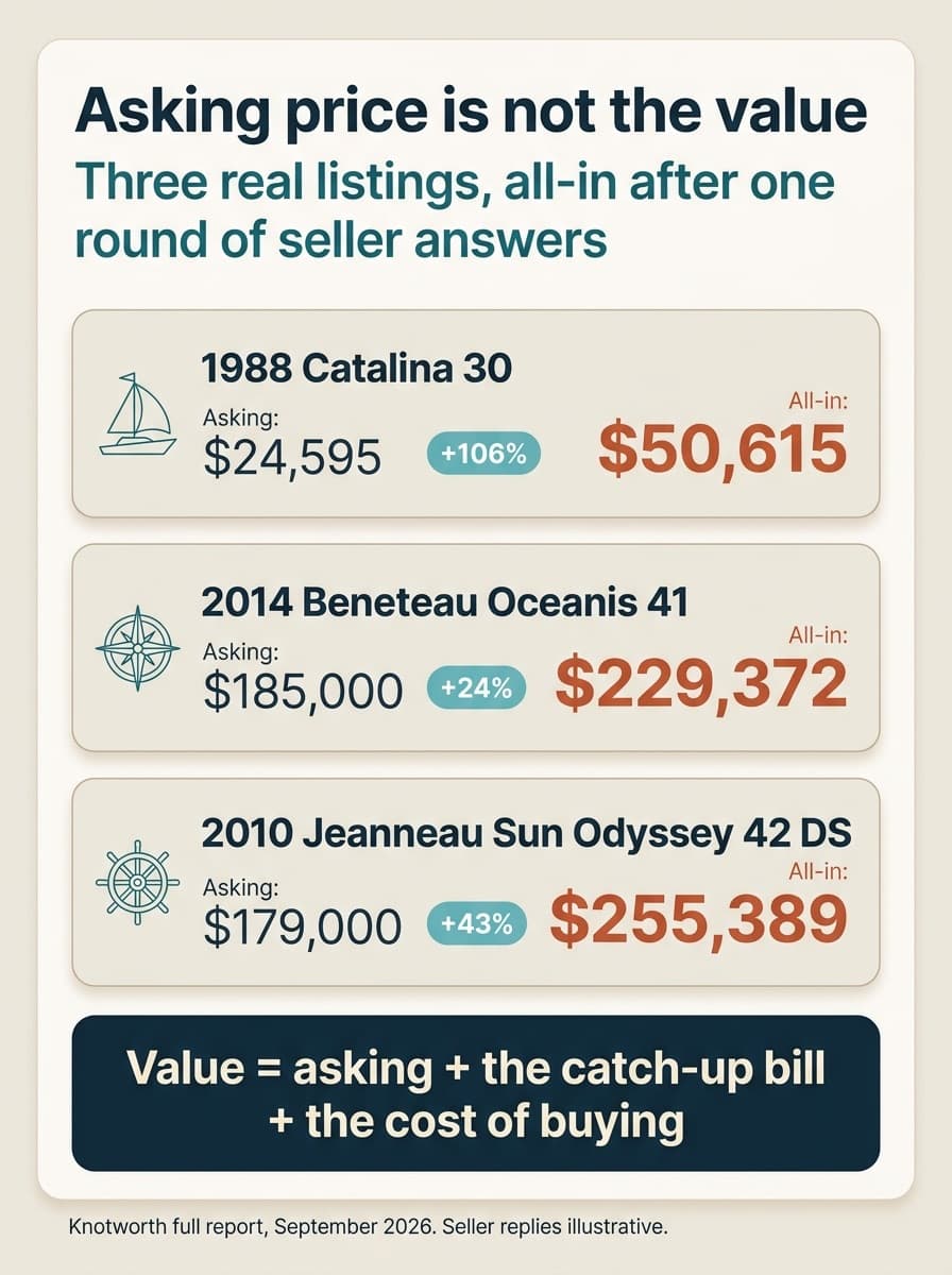 Asking price against all-in value on three real listings: 1988 Catalina 30 $24,595 to $50,615, 2014 Oceanis 41 $185,000 to $229,372, 2010 Sun Odyssey 42 DS $179,000 to $255,389.