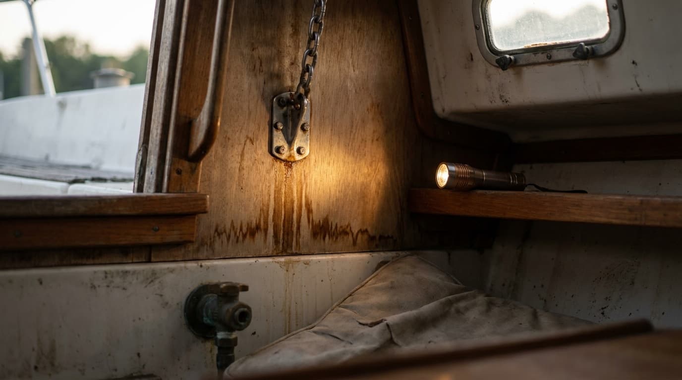 Inside a used sailboat's quarter berth, a torch lights a chainplate bolted through a plywood bulkhead with brown water staining running down from it, a corroded bronze seacock below and a grimy port above: the kind of thing a buyer's own eyes find at the viewing.