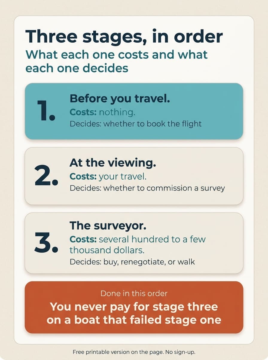 Three stages, in order, with what each one costs and what each one decides: before you travel costs nothing and decides whether to book the flight; at the viewing costs your travel and decides whether to commission a survey; the surveyor costs several hundred to a few thousand dollars and decides buy, renegotiate, or walk. Done in this order, you never pay for stage three on a boat that failed stage one.