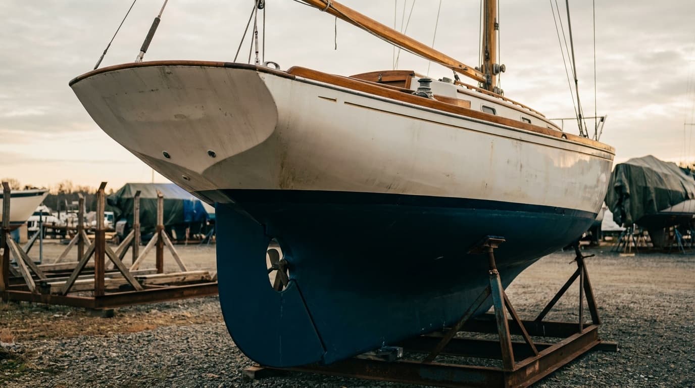 A Pacific Seacraft 34 on jack stands in a winter boatyard, shot from low and aft of the canoe stern so the skeg-hung rudder, the aperture for the propeller, the dark blue antifouled underbody and the teak caprail are all visible, other boats under tarpaulins behind.