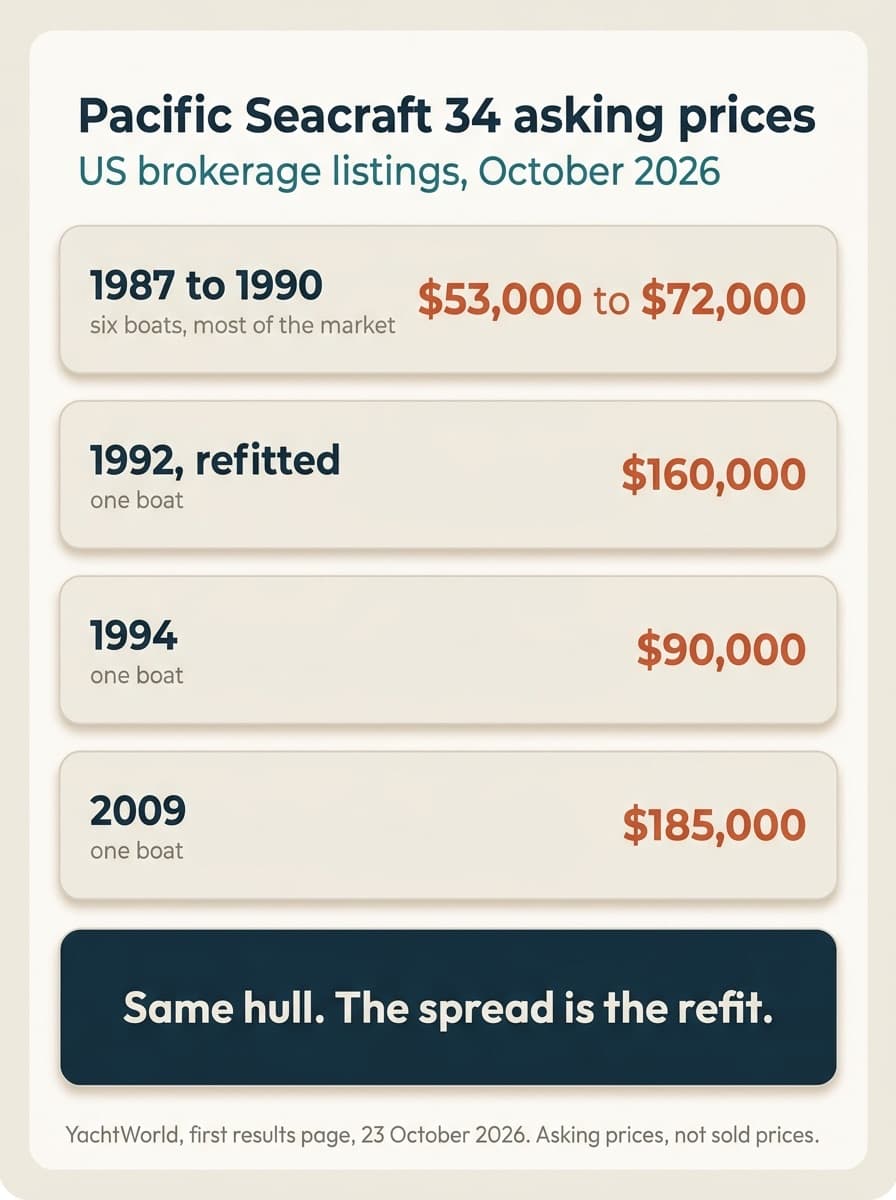 Pacific Seacraft 34 asking prices, US brokerage listings, October 2026: 1987 to 1990 boats, six of them and most of the market, $53,000 to $72,000; a refitted 1992 boat $160,000; a 1994 boat $90,000; a 2009 boat $185,000. Same hull, the spread is the refit. YachtWorld, first results page, 23 October 2026, asking prices not sold prices.
