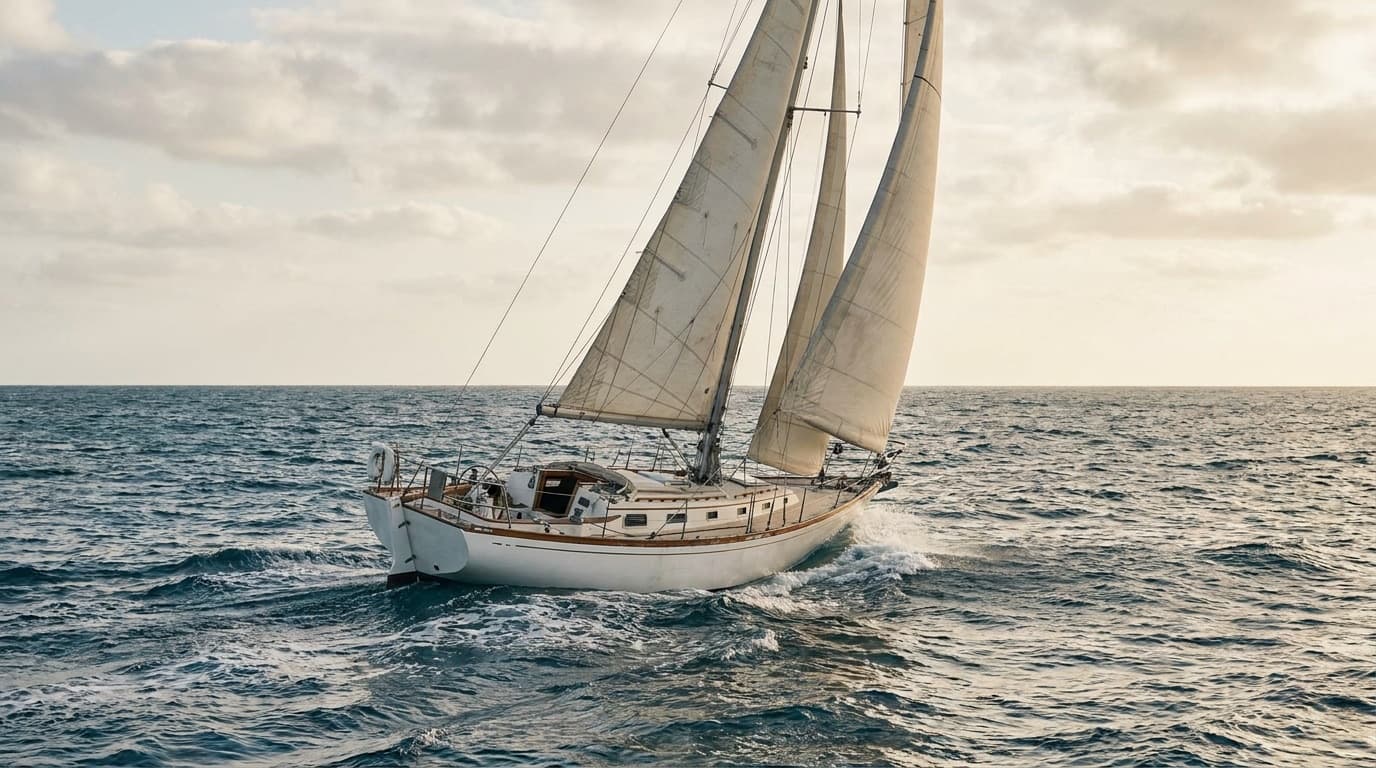 A white Pacific Seacraft 37 cutter under full sail offshore, yankee, staysail and main drawing on a close reach, canoe stern and teak caprail, heeled gently in a moderate sea under a bright, cloudy sky.
