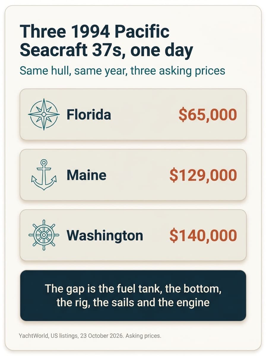 Three 1994 Pacific Seacraft 37s on the market on one day, same hull, same year, three asking prices: Florida $65,000, Maine $129,000, Washington $140,000. The gap is the fuel tank, the bottom, the rig, the sails and the engine. YachtWorld, US listings, 23 October 2026, asking prices.