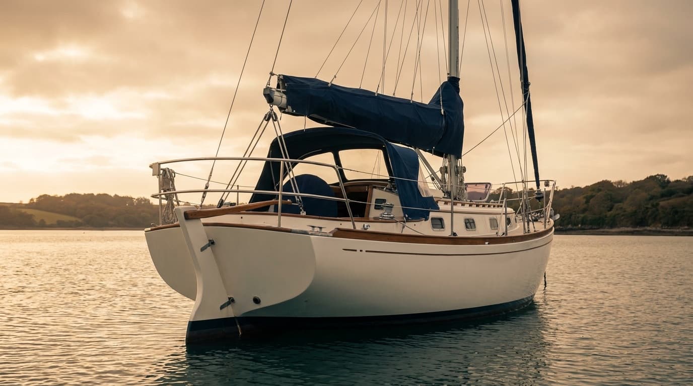 A white canoe-sterned Pacific Seacraft cutter at anchor on flat water at sunset, teak caprail and bowsprit, mainsail and staysail in navy covers, a dodger over the companionway, wooded shore behind.