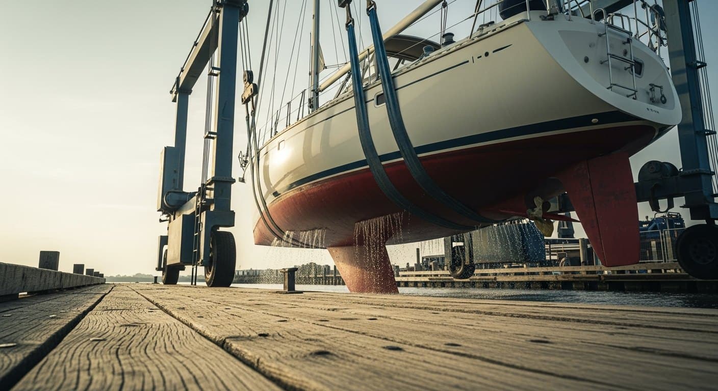 A 35-foot cruising sailboat lifted out of the water in a boatyard travel lift's slings, keel and red antifouled hull exposed and dripping, ready for a pre-purchase survey.