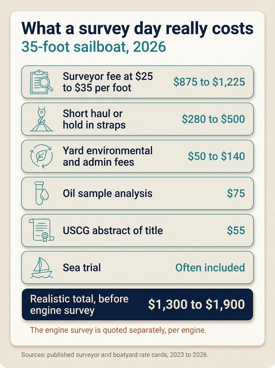 Cost breakdown of a boat survey day on a 35-foot sailboat in 2026: surveyor fee $875 to $1,225, short haul $280 to $500, yard fees $50 to $140, oil analysis $75, title abstract $55, sea trial often included, for a realistic total of $1,300 to $1,900 before the engine survey.