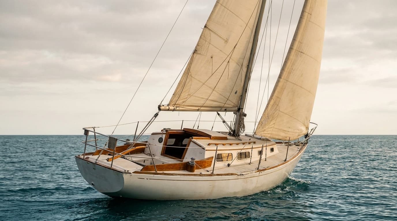 A well-kept classic white fibreglass sloop of about 34 feet sailing in open water in the 1970s Sparkman and Stephens style: moderate beam, balanced overhangs, low freeboard, a fin keel, a simple masthead rig with an aluminium spar and varnished teak coamings.
