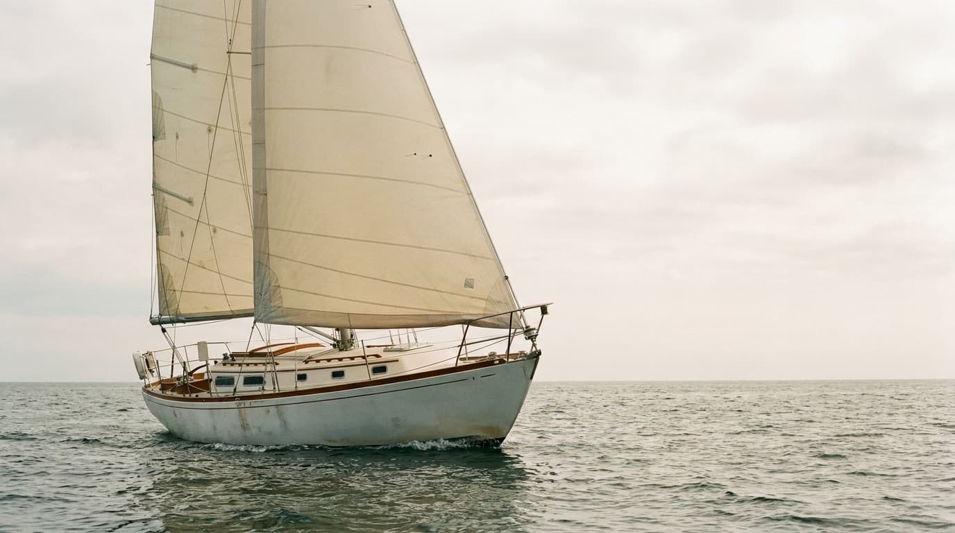 A classic narrow-beamed white fibreglass sloop of about 30 feet sailing in open water under main and genoa, heeled gently, with a long straight sheer, low freeboard, a full keel and varnished teak coamings and toe rail, in soft overcast New England light.