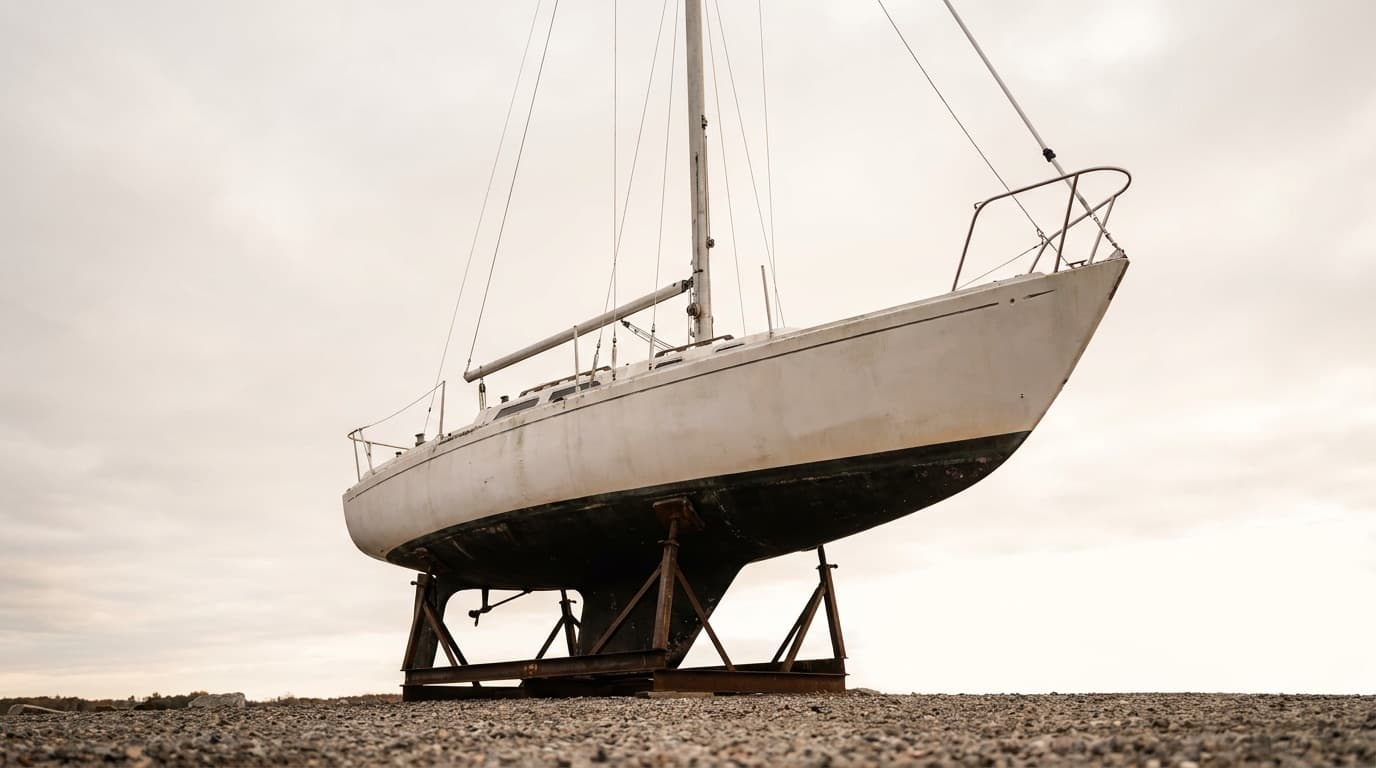 A white fibreglass masthead sloop of about 27 feet standing in a steel cradle on boatyard gravel with the mast stepped and rigging set up, shot from close alongside and angled upward so the shrouds, the chainplates at the deck edge and the spreaders are all readable against the sky.