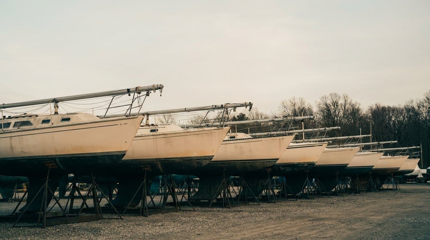 A long receding row of near-identical white fibreglass production sloops of roughly 25 to 36 feet standing on steel cradles on the gravel of a large American boatyard in winter, masts stepped, the repetition of identical white hulls and dark antifouled bottoms filling the frame.