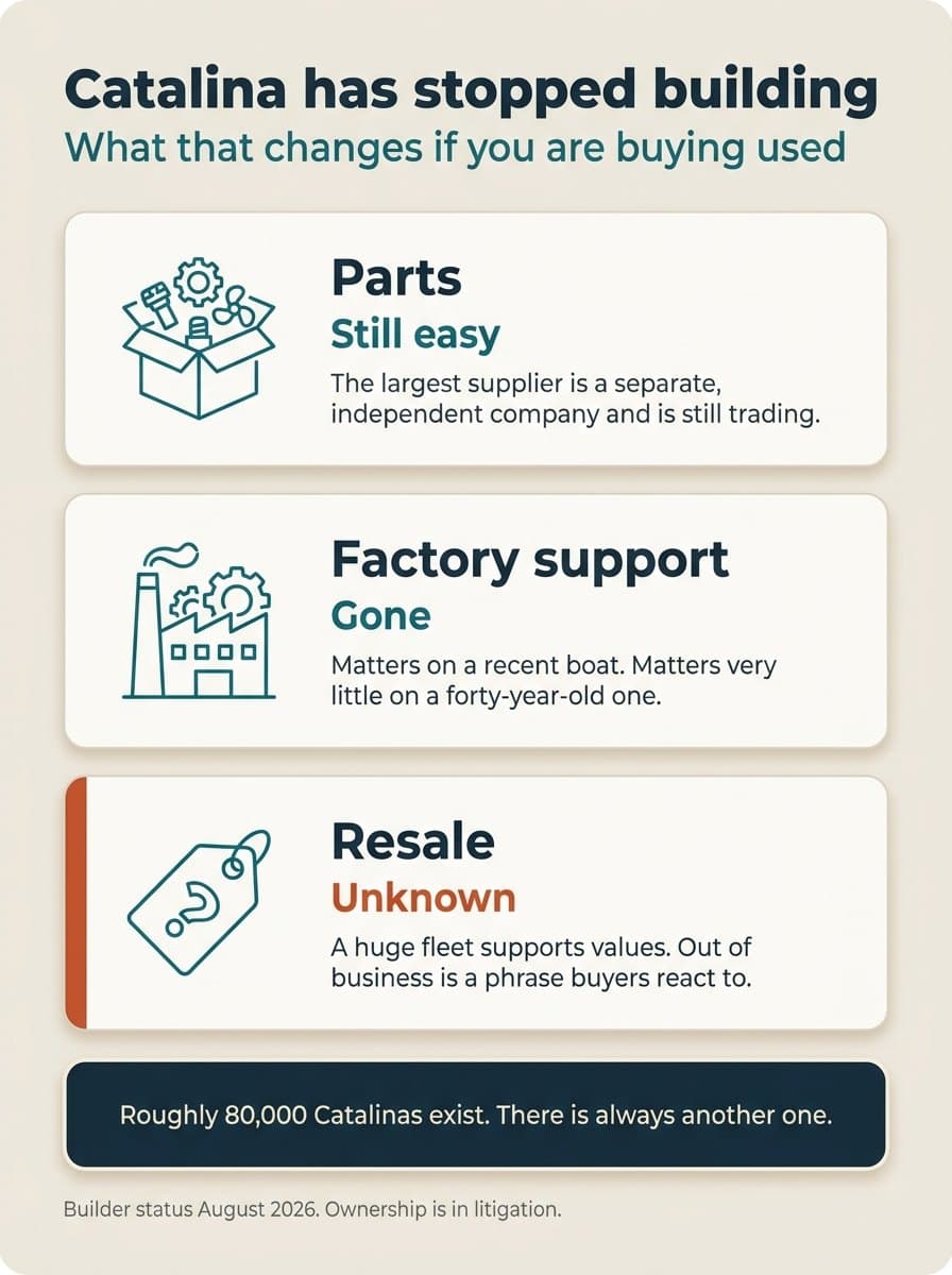 Catalina has stopped building, and what that changes if you are buying used: parts are still easy because the largest supplier is a separate independent company still trading; factory support is gone, which matters on a recent boat and very little on a forty-year-old one; and resale is unknown, because a huge fleet supports values but out of business is a phrase buyers react to. Roughly 80,000 Catalinas exist, so there is always another one.