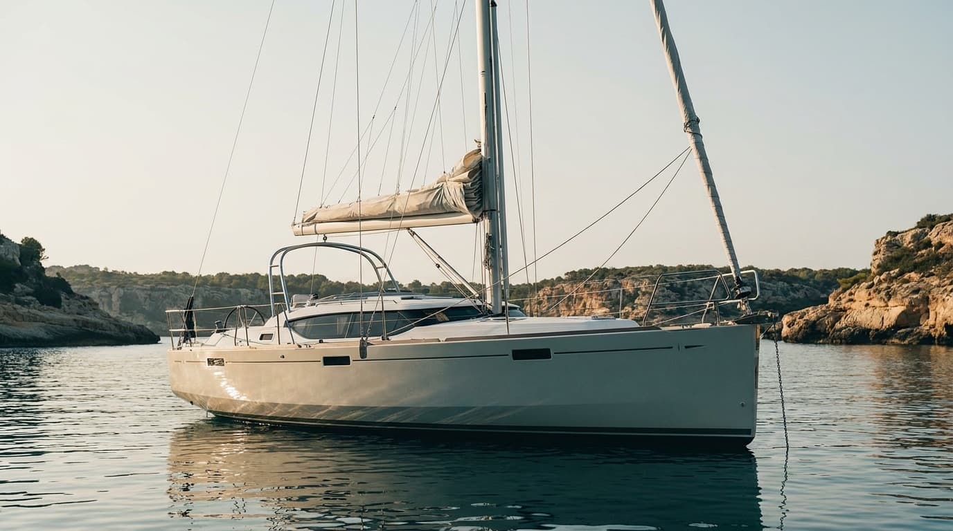 A modern white production cruising sailboat of about 36 feet at anchor in a sheltered bay, very beamy with high freeboard, a large coachroof with big windows, a distinctive stainless steel arch spanning the cockpit, and a mast with swept-back spreaders and no backstay.