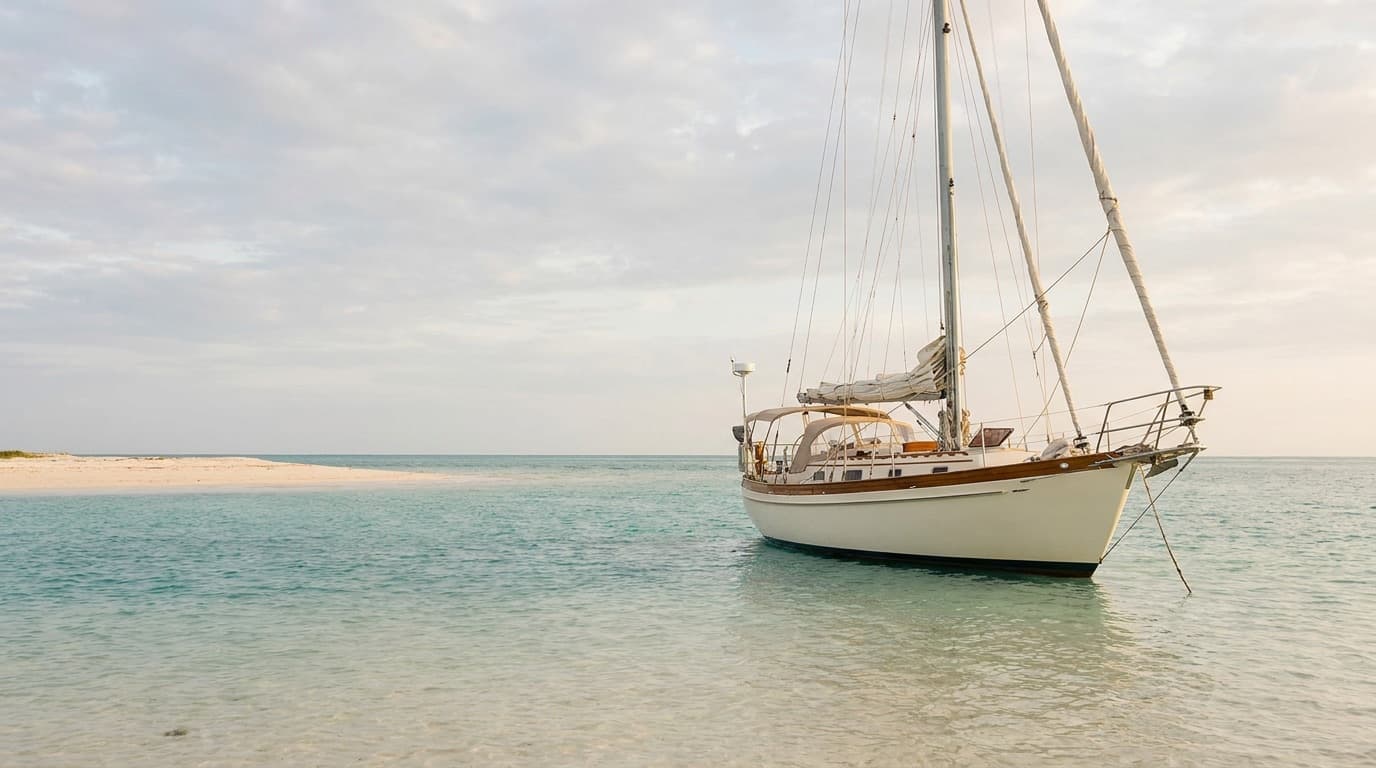 A heavy cream-hulled cruising sailboat of about 35 feet lying at anchor in very shallow clear turquoise water beside a low sandy shoal, cutter rig and furled sails, teak-trimmed deck, the pale sand bottom visible around her in late-afternoon light.