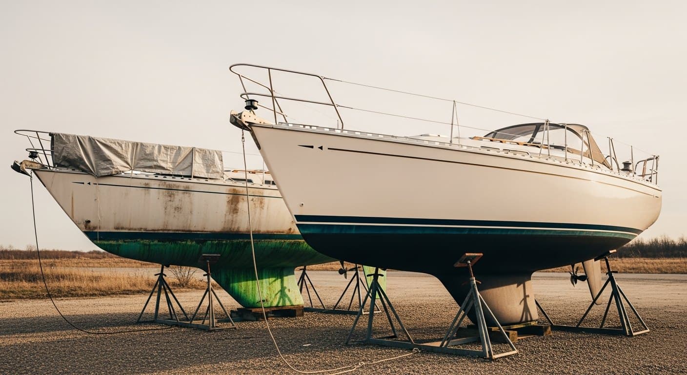 Two similar 35-foot cruising sailboats on cradles in a boatyard, one well maintained with fresh antifouling and one neglected with oxidised topsides and algae-streaked hull, showing how condition rather than length drives what a sailboat really costs.