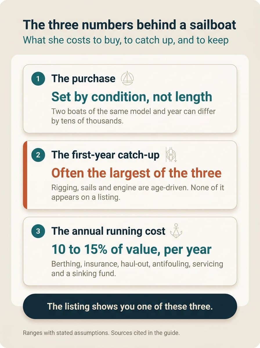 The three costs of buying a used sailboat: the purchase, set by condition rather than length; the first-year catch-up bill, often the largest of the three; and the annual running cost of 10 to 15% of the boat's value per year.