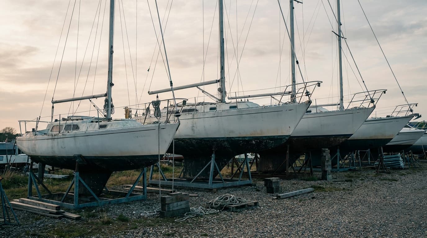 A row of white fibreglass monohull sailboats from about 22 to 36 feet standing in steel cradles and on jack stands in a working boatyard, masts stepped, receding into the distance so the varying hull shapes and keel depths are visible.