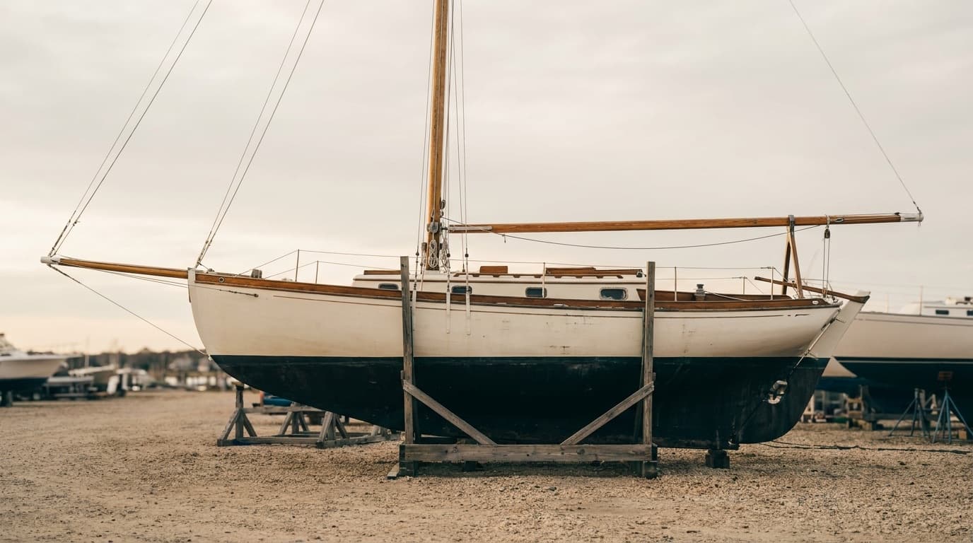 A heavy full-keel double-ended cruising sailboat of about 32 feet standing in a cradle on boatyard gravel with the mast stepped, a long bowsprit projecting forward from the stem and a boomkin projecting aft from the canoe stern, shot square from the side so both projecting spars fit in frame.