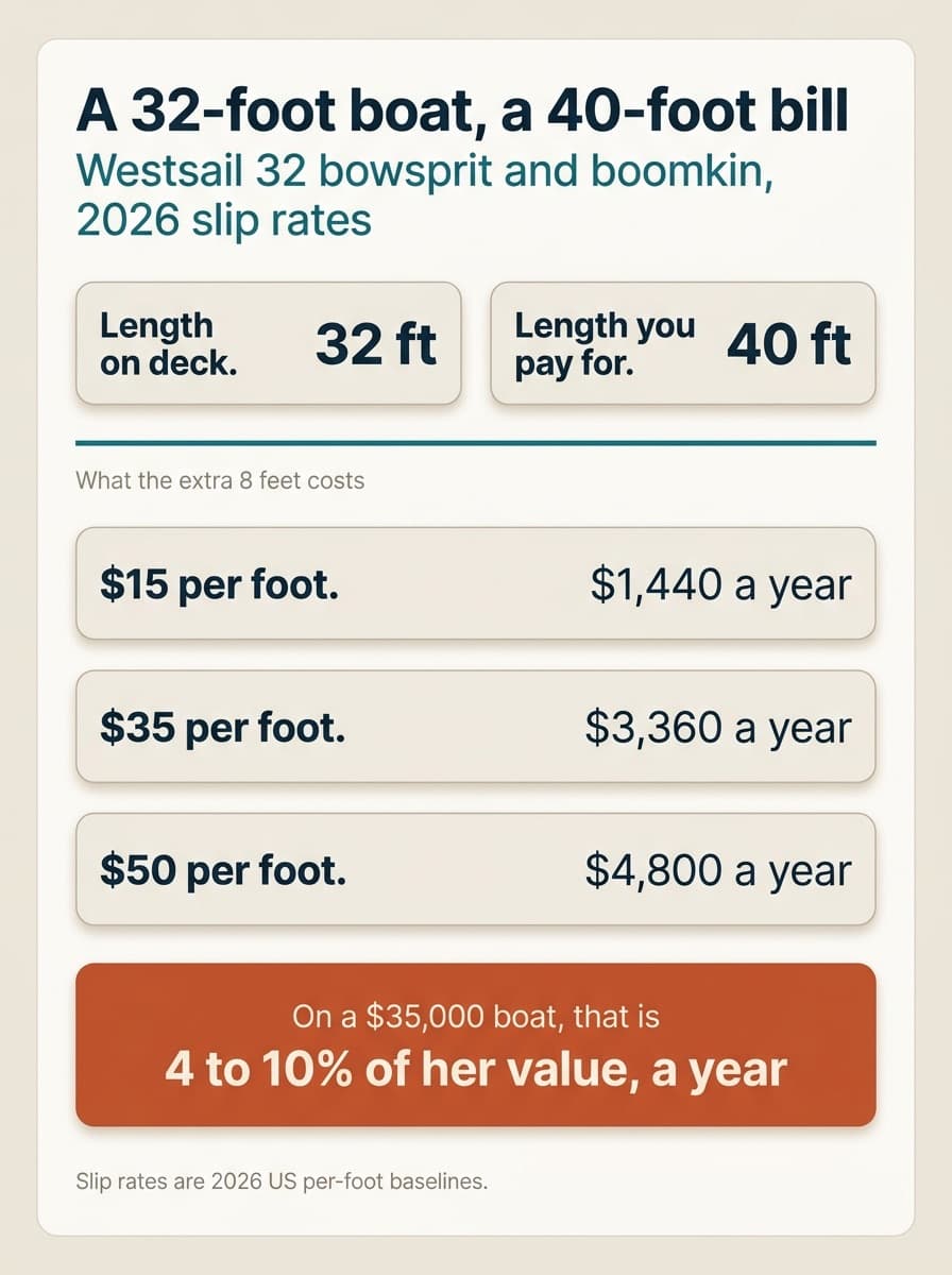 A 32-foot boat with a 40-foot bill: the Westsail 32's bowsprit and boomkin against 2026 slip rates. Length on deck is 32 ft, length you pay for is 40 ft. The extra 8 feet costs $1,440 a year at $15 per foot, $3,360 a year at $35 per foot and $4,800 a year at $50 per foot. On a $35,000 boat, that is 4 to 10% of her value a year. Slip rates are 2026 US per-foot baselines.